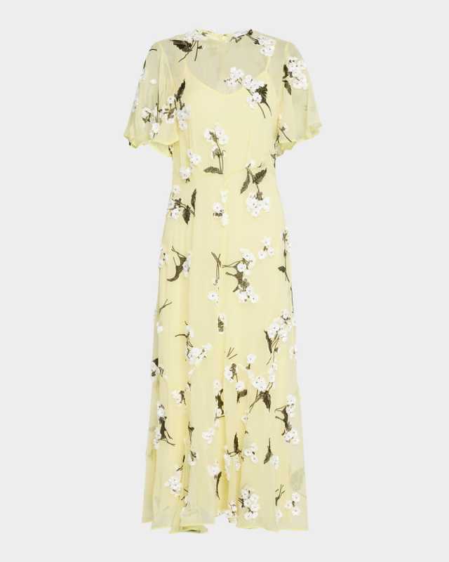Floral Embroidered Flutter-Sleeve Midi Cocktail Dress